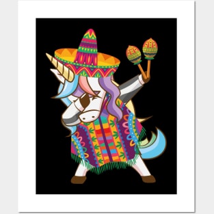 Mexican Dabbing Unicorn Cinco De Mayo Poncho Sombrero Maracas Posters and Art